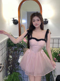 New Summer Dress French Style Princess Straps Dress High Waist Thin Pink Sweet Short Fairy Dress Female Sundress Bestidos LANFUBEISI