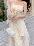 LANFUBEISI  Women Korean Pearls Ruched Split Fairy Dress Female Irregular Hem Lace Mesh Cute Dress 2022 Summer Lace Floral Sweet Midi Dress LANFUBEISI
