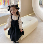 LANFUBEISI Girls spring fashion white blouse and black overalls dress Kids all-match Outfits 2pcs sets LANFUBEISI