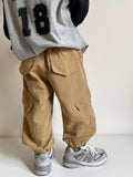 Autumn boys solid color cargo pants handsome pockets wide leg pants baby children cotton loose trousers LANFUBEISI