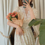 Vintage Floral Dress Women Elegant Lace Chiffon Korean Party Dress Puff Sleeve V Neck Midi Dress Fall Dresses for Women LANFUBEISI
