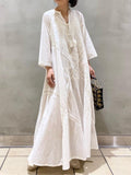 LANFUBEISI Women's Summer Dress Loose Embroidered White Lace V-Neck Long Beach Dress Elegant Dress Holiday Women's  White Dress