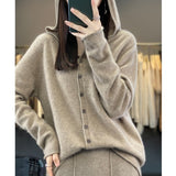 High End Cashmere 23 Autumn/Winter New Thin Coat Women's 100%Wool  Hooded Sweater With Button Up Casual Loose Cardigan Versatile LANFUBEISI