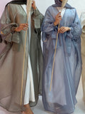 LANFUBEISI Summer Eid Djellaba Abaya Dubai Shiny Soft Puff Sleeves Muslim Dress Silky Abaya Dubai Turkey Muslim Dress Islam Abayas WY800