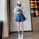 Y2K Summer Women Vintage Blue Korean Denim Shorts High Waist Knee Length Wide Leg Baggy Pockets Short Pants Harajuku Clothes LANFUBEISI