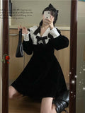 Kawaii Bow Dress Women Japanese Preppy Style Long Sleeve Mini Dresses Black Goth Vintage Lolita Outfits Sweet Streetwear LANFUBEISI