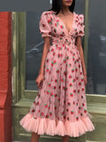 Sexy Maxi Sequin strawberry Dress women summer casual party vintage woman evening Dresses Pink Puff Sleeve bodycon dress vestido LANFUBEISI