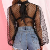 Women Mesh Puff Sleeve Tops Shirt New Summer Spring Ladies Sexy Casual Perspective Blouse Tops See Through Female Blusas LANFUBEISI