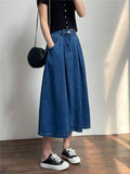 LANFUBEISI New Spring Summer Denim Skirts Women Casual High Waist A-line Skirts Lady Loose Vintage Dark Blue Skirts