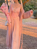 Floral Vintage Elegant Strap Dress Women Lace France Sexy Evening Party Long Dresses Pink Sweet Princess Fairy Dress Summer LANFUBEISI