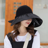 Summer New Women Bucket Hat UV Protection Sun Hats Solid Color Soft Foldable Wide Brim Outdoor Beach Panama Cap Ponytail Caps LANFUBEISI