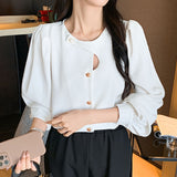 Casual Hollow Shirt Elegant Office Lady Tops Autumn Long Sleeve Blouse Fashion Chic Round Collar Solid Loose Women Clothes LANFUBEISI