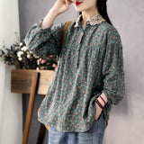 Women Long Sleeve Casual Shirts New 2022 Spring Vintage Style Lace Collar Floral Print Loose Female Cotton Tops Shirt D147 LANFUBEISI