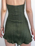 Knitted Fairy Grunge Green Folds Mini Dresses Gothic Retro Backless A-Line Women Dress Sexy Halter Lettuce Hem Outfits LANFUBEISI