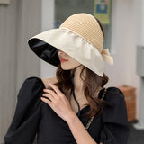 Summer New Women Bucket Hat UV Protection Sun Hats Solid Color Soft Foldable Wide Brim Outdoor Beach Panama Cap Ponytail Caps LANFUBEISI