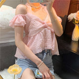 Cropped Shirts Women Summer Sweet Backless Trendy Solid Tender Slash Neck Sexy French Style Leisure All-match Classic Cute Chic LANFUBEISI