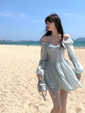 LANFUBEISI Long Sleeve Dress Female Blue Sweet A-Line Summer High Waist Vintage Slim Fairy Dress Princess Dress Sundress Beachwear Holiday Fairy Dress LANFUBEISI