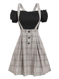 LANFUBEISI Off The Shoulder Tee and Crisscross Plaid Suspender Skirt Set Two Piece Dress Top and Skirt Set