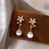 Korean Fashion Elegant Pearl Pendant Earrings Crystal Zircon Opal Flowers Drop Earring for Women Wedding Party Jewelry Gifts LANFUBEISI