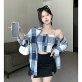 Spring Simplicity Plaid Turn-down Collar Long Sleeve Blouse Women Clothes Casual Buttons Slim Sling T-Shirt Two-piece Dress Tops LANFUBEISI