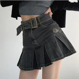 Denim Pleated Mini Skirt Gyaru Vintage High Waist A-line Slim Belt Women Jean Short Skirt Summer Japanese Y2k Fashion LANFUBEISI