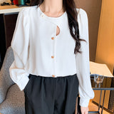 Casual Hollow Shirt Elegant Office Lady Tops Autumn Long Sleeve Blouse Fashion Chic Round Collar Solid Loose Women Clothes LANFUBEISI