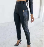 Lanfubeisi  Women Cutout PU Leather Patch High Waist Skinny Pants LANFUBEISI