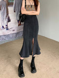 Black Denim Long Skirt Women Vintage High Waist Split Bodycon Ruffles Pencil Mermaid Midi Skirt Summer Japanese Fashion LANFUBEISI