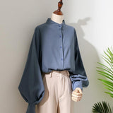 Woman Spring Autumn Style Blouses Shirt Lady Long Lantern Sleeve Stand Collar Loose Blusas Tops LANFUBEISI