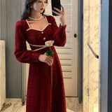 Vintage Button Dresses for Women Fairy Midi Party Dress Evening Office Lady Design One Piece Dress Elegant Korean Spring LANFUBEISI
