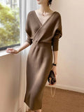 Vintage French Casual V-Neck Solid Sweater Knitting Long Sleeve Dress Women Backless Knit Dress Korean Clothing Robe Autumn LANFUBEISI