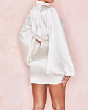 LANFUBEISI White Dress Party Short Puff Mango Single Sheath Mini Dress Zipper Ladies Nightclub Wear Long Sleeve Dress INS Style 2020 LANFUBEISI