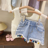 Summer Baby Girl Outfit Set New Born Baby Girl Clothes 2 Pcs Vest Pant Fashion Print Kids Denim Shorts Korea Style LANFUBEISI