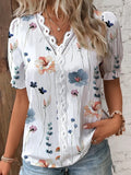 Casual V Neck Lace Hollow Out Shirt Blouse Office Lady Summer Elegant Floral Print Short Sleeve Shirts For Women 2023 White Tops LANFUBEISI