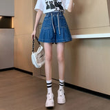 Y2K Summer Women Vintage Blue Korean Denim Shorts High Waist Knee Length Wide Leg Baggy Pockets Short Pants Harajuku Clothes LANFUBEISI