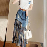 Lucyever Summer Irregular Jeans Skirts Women Korean Fashion High Waist Patchwork Tulle Skirt Woman Y2K Pockets Long Denim Skirts LANFUBEISI