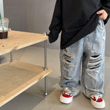 Spring Kids Trousers Boys Fashion Ripped Jeans Baby Girls Loose Casual Denim Pant LANFUBEISI