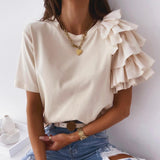 Fashion blouse women elegant white Solid Color Layered Ruffle Short Sleeve Asymmetric Loose T-shirt Top for Summer Women Blouses LANFUBEISI