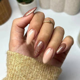 24Pcs Almond False Nails with Rhinestone Long Stiletto Fake Nails Gold Glitter Powder Design Press on Nails Full Cover Nail Tips LANFUBEISI