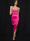 LANFUBEISI  High Quality Pink Dress Bodycon Satin Dress Midi Dress 2022 Black Elegant Dress Sexy Birthday Dress For Women Silk Party Vestido LANFUBEISI