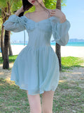 LANFUBEISI Long Sleeve Dress Female Blue Sweet A-Line Summer High Waist Vintage Slim Fairy Dress Princess Dress Sundress Beachwear Holiday Fairy Dress LANFUBEISI