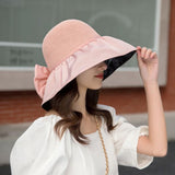 Summer New Women Bucket Hat UV Protection Sun Hats Solid Color Soft Foldable Wide Brim Outdoor Beach Panama Cap Ponytail Caps LANFUBEISI