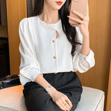 Casual Hollow Shirt Elegant Office Lady Tops Autumn Long Sleeve Blouse Fashion Chic Round Collar Solid Loose Women Clothes LANFUBEISI