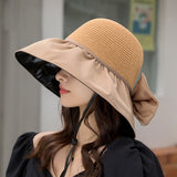 Summer New Women Bucket Hat UV Protection Sun Hats Solid Color Soft Foldable Wide Brim Outdoor Beach Panama Cap Ponytail Caps LANFUBEISI