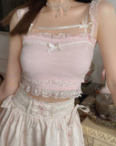 Pink Japanese Kawaii Lolita Crop Top Women White Korean College Style Sweet Tank Top Bow Lace France Princess Vset Female 2022 LANFUBEISI