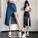 New Korean Fashion Sexy Splicing Asymmetry Split Woman Skirts Womens Medium-long Jean Skirt Casual Female Girls Denim Skirt LANFUBEISI