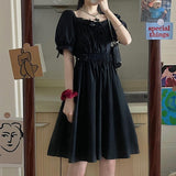 Preppy Style Dresses Women Black Elastic Waist A-line Puff Sleeve Kawaii Cute Dress Summer School Girl Casual Fashion LANFUBEISI