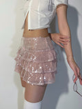 Pink Sequin Mini Skirt Women Coquette Low Waist Ruffle Patchwork Cute Sexy Micro Skirt Y2K Summer Kawaii Fashion Party LANFUBEISI
