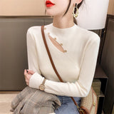 Fashion Hollow White Sweater Women Korean Solid Knitted Tops Autumn Winter Half High Collar Pullovers Casual Slim Clothes LANFUBEISI