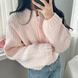 Korean Chic Long Sleeve Knitted Sweater Cardigan Autumn/Winter Single Breasted Tops Retro Solid O-neck Loose Sweater Coat LANFUBEISI